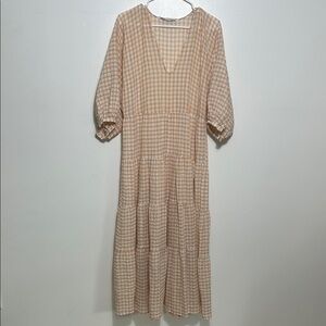 Zara Beige and White Gingham Long Sleeve Tiered Maxi Dress